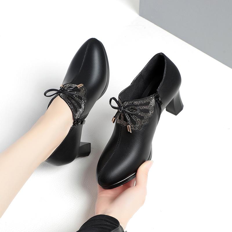 Deep Mouth Block Heels Platform Shoes Women Pumps 2025 Pointed Toe Soft Leather High Heel Office Black Elegant Bow Tie Retro