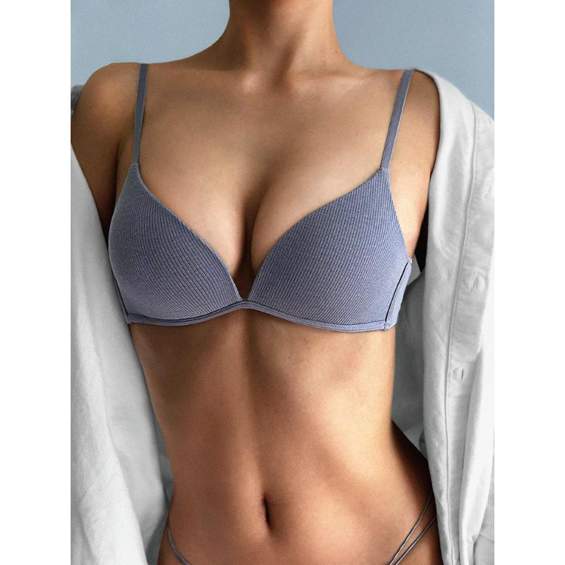European and American Ribbed Simple Thin Mold Cup Deep V Without Steel Ring Gathering Bra Sexy and Comfortable Girl Underwear