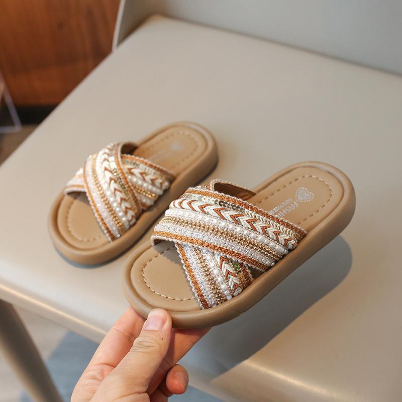 Girl Woven Slippers Soft-soled Outdoor Walking Shoe Child Summer Children's Retro Ethnic Style Princess Beach Shoes Slide H05289