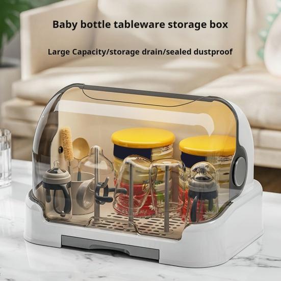 Baby Bottle Drying Rack with Transparent Lid Large Capacity Dustproof Easy to Clean Baby Bottle Storage Box with Removable Drain Tray