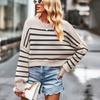 Ladies Autumn Winter Lantern Sleeve Round Collar Striped Pullover Warm Knitted Sweater Knitwear Top