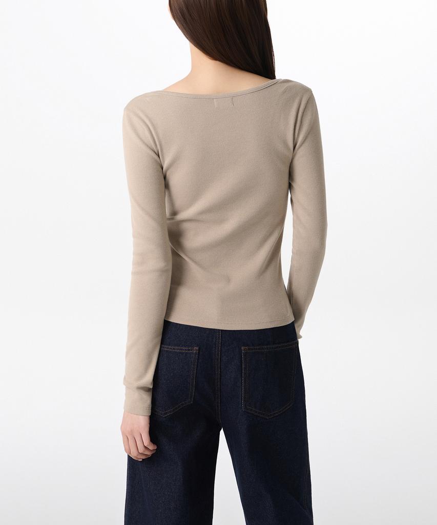 MUSINSA STANDARD WOMAN Women'S Ribbed Slim Wide Henley Neck Long Sleeve T-Shirt [Grayish Beige]