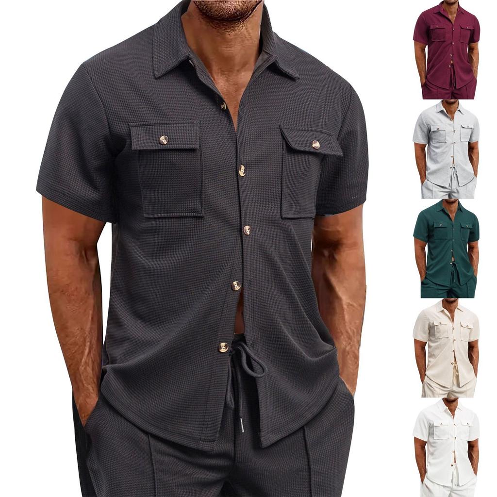 Men's Casual Business Solid Color Double Pockets Short Sleeve Shirt Men's Lapel Collar Button-Down Shirt