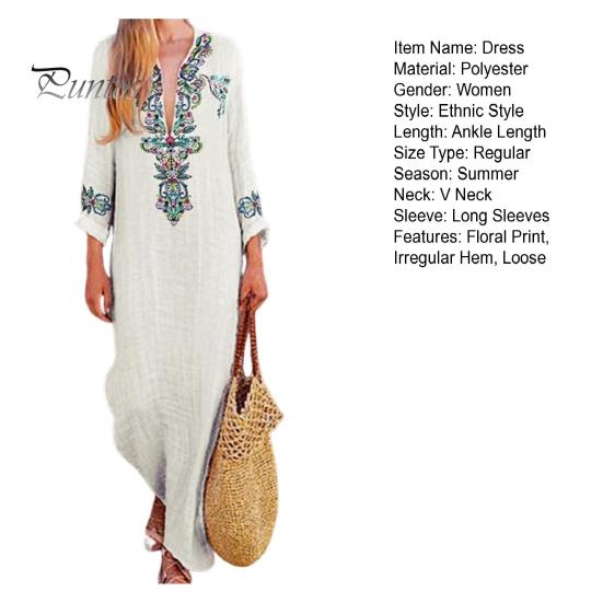 Женское осенне-весеннее платье с V-образным вырезом, нерегулярным подолом, цветочным принтом и длинными рукавами, свободное с разрезом по бокам, повседневное пляжное платье макси в этническом стиле