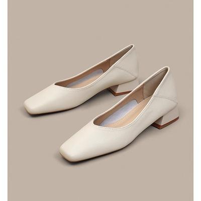 Обувь-лодочки молочного цвета из кожи с V-образным вырезом на толстом каблуке для通勤, женские туфли на мягкой подошве из мягкой кожи, универсальные, удобные, с квадратным носком, на низком каблуке, для работы