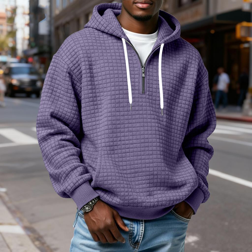 Мужской худи-пуловер в клетку с капюшоном на молнии до середины, со шнурком, повседневная спортивная толстовка