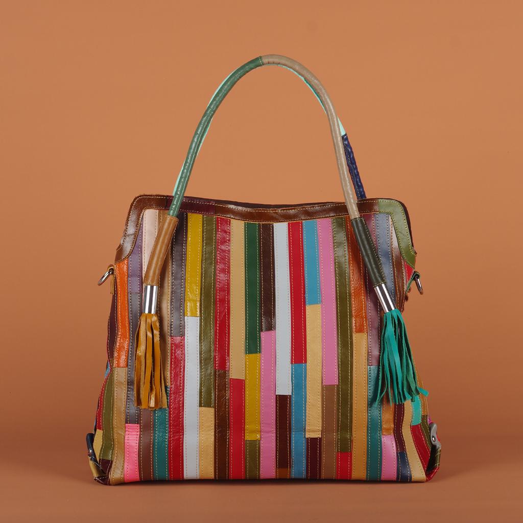 Genuine Leather Tassel Bag for Women Casual Shoulder Bag with Colorful Stripes Random Contrasting Color Ethnic Style