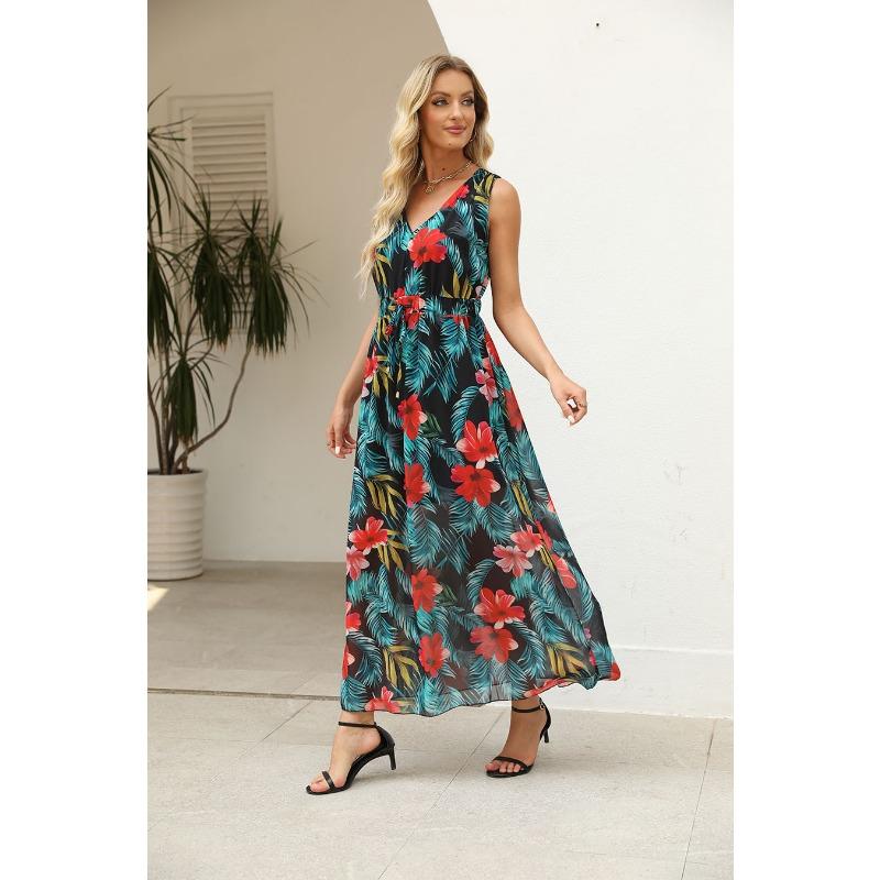 YYFS Women's Fashion Summer Spring Flower Pattern Print Sleeveless V-Neck High Waist Casual Dresses
