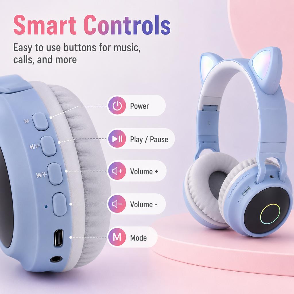 XiaomiCute Cat Ear Headphones Bluetooth Wireless Headphones LED Light Earphones Foldable Headset with Mic TF Card AUX for Kids