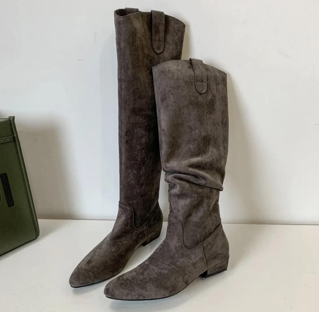 Women's High Boots Pointed Toe Square Heel Suede Roman Style Brown Knee-high Boots Women's Casual Low Heel Versatile Botas Mujer