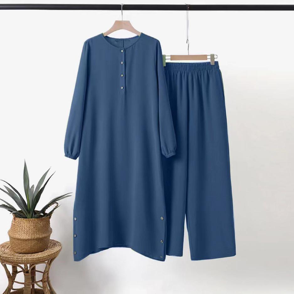Danmo Women Muslim Two Pieces Set Blouse & Wide Leg Pant Musulman Ensemble Belt Single Button Shirt Ramadan Modest Clothing