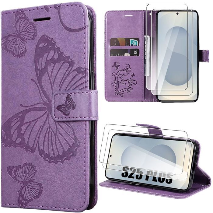 Coque de protection - BOOLING - pour Samsung Galaxy S25 Plus - Effet Cuir Violet - Motif Papillon - 2 Verres Trempés