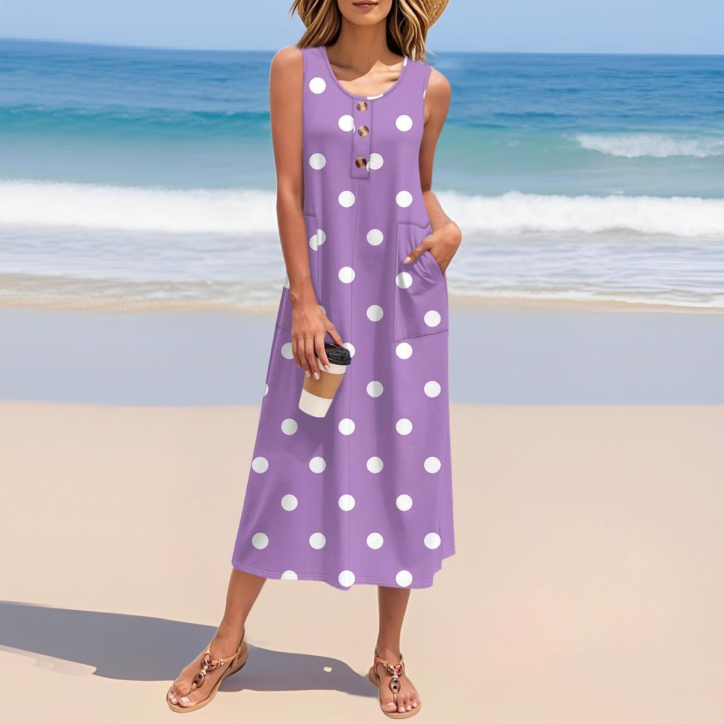 Women's Summer Polka Dot Print Dress Sleeveless Button Down Casual Loose Long Beach Sundress