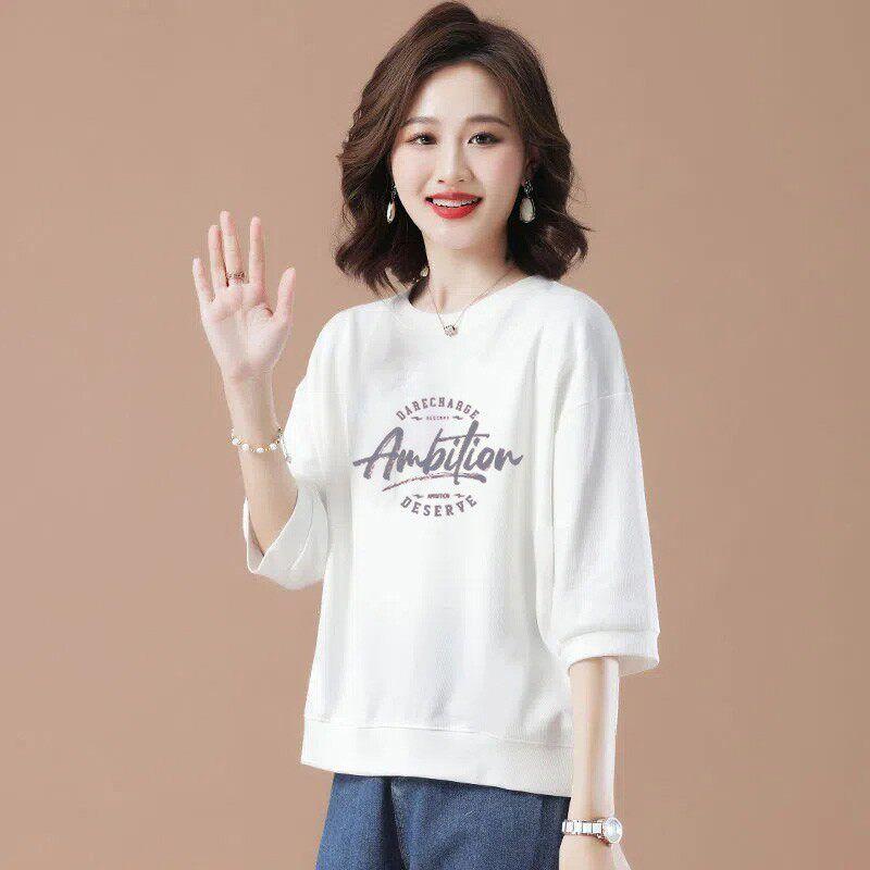 Foreign Trade Clearance 100% Cotton round Neck T-shirt 3/4 Sleeve Loose Slimming Cover Meat Western Style Light Color Spring and Summer Women's Top