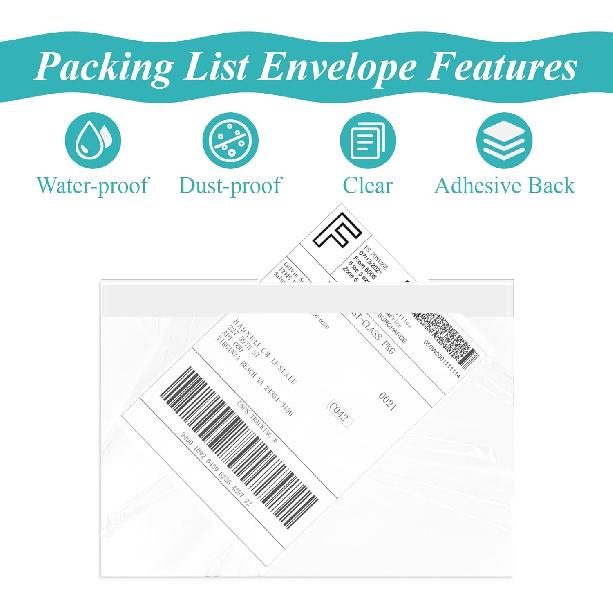 100 Pack 7.5" x 5.5" Clear Self-Adhesive Top Loading Packing List/Shipping Label Envelopes Pouches