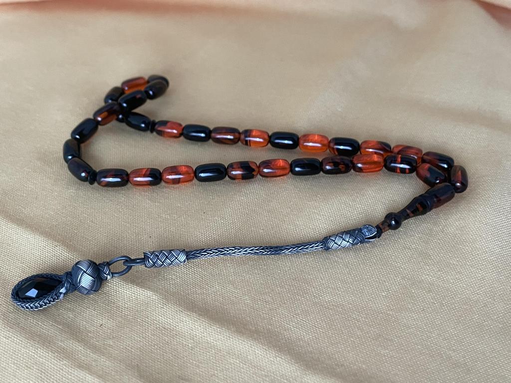 Молитвенные бусы из огненного янтаря 1000 пробы Серебряные кисточки Kazaziye Оранжевые черные четки, исламские мусульманские четки Misbaha, роскошный подарок 33 четки