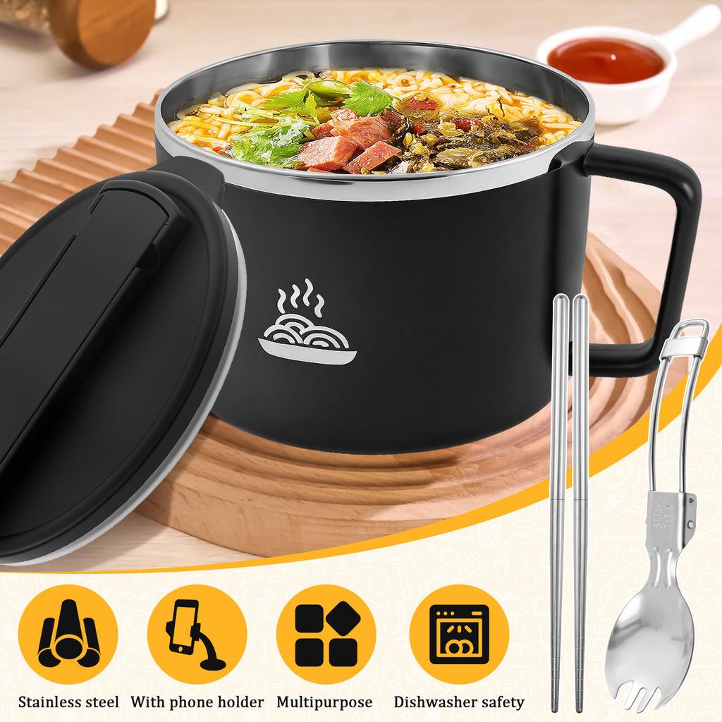 1200ml Ramen Bowl Stainless Steel Bento Box Instant Noodle Bowl with Lid and Tableware for Home Office School Dormitory Lunchbox