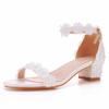 7cm Thick Heel Shallow Mouth One-length Strap Beaded Square Heel Sandals White Lace Bridal Wedding Shoes Thick Heel Sandals