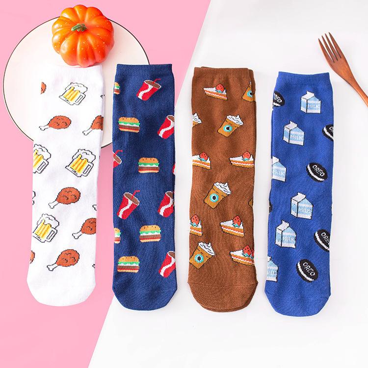 Funny Harajuku Women Casual Cartoon Fruit Sock Hot Sale Banana Avocado Lemon Egg Cookie Donuts Colorful Japanese Skateboard Sock