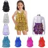 Dancewear for Kids Girls Halter Neck Sequins Jazz Dance Costume Shorty Unitard Dress