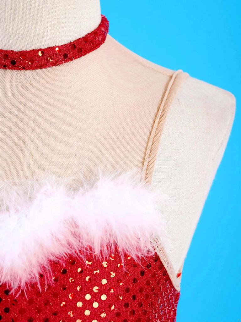 Платье-купальник для рождественских танцев для девочек, без рукавов, украшенное бантом и пайетками, одежда для выступлений