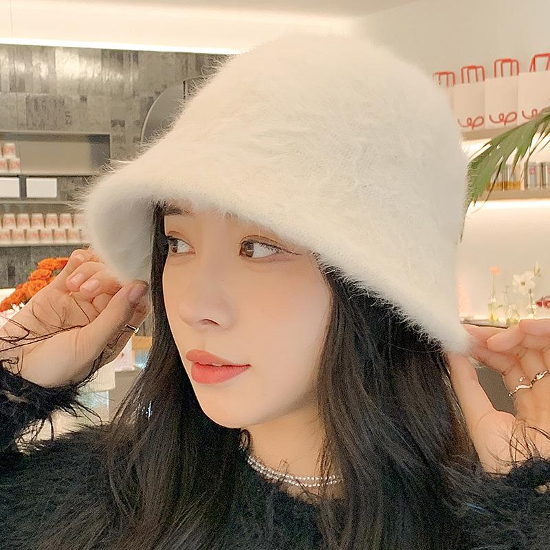 Autumn Winter Big Head Circumference Rabbit Hair Bucket Knitted Hat Women's Korean Velvet Basin Hats Warm Caps