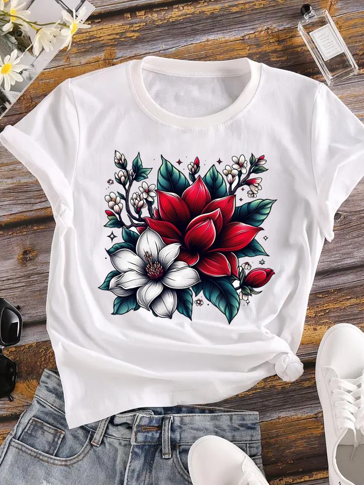 (Asian Size) Women Tee Top Love Heart Floral Cute 90s Clothing Ladies Casual Short Sleeve T Shirt Fashion Print Lady Female Graphic T-shirts