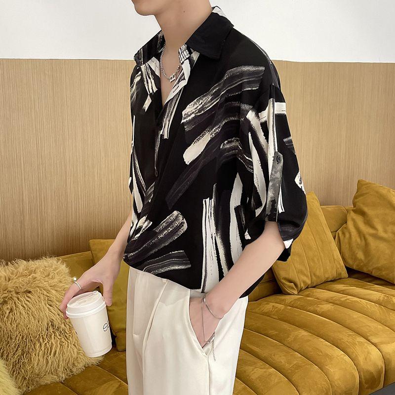 New Summer Haute Couture Lapel Print Korean Version Ruffled and Handsome Loose Casual Oversize Medium Sleeved Floral Shirt