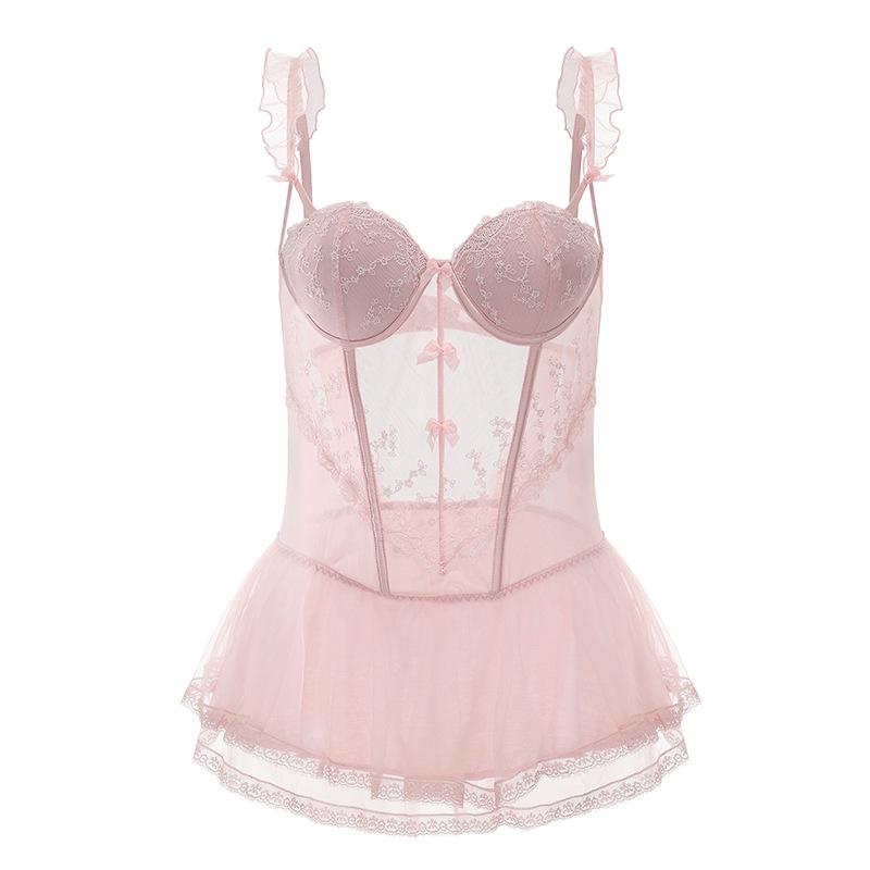 Women's Sheer Mesh Tutu Push Up Padded Cami Lingerie Sleep Dress Set