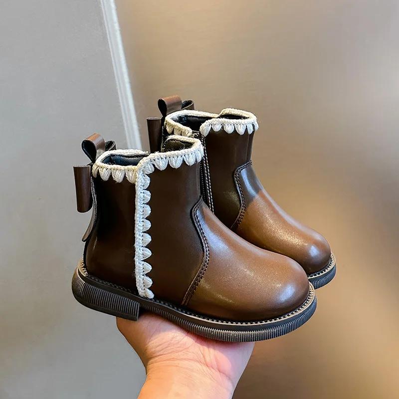 Ботинки принцессы для девочек в британском стиле, новые модные детские зимние ботинки с бантом, плюшевые универсальные детские повседневные хлопковые ботинки с нескользящей подошвой