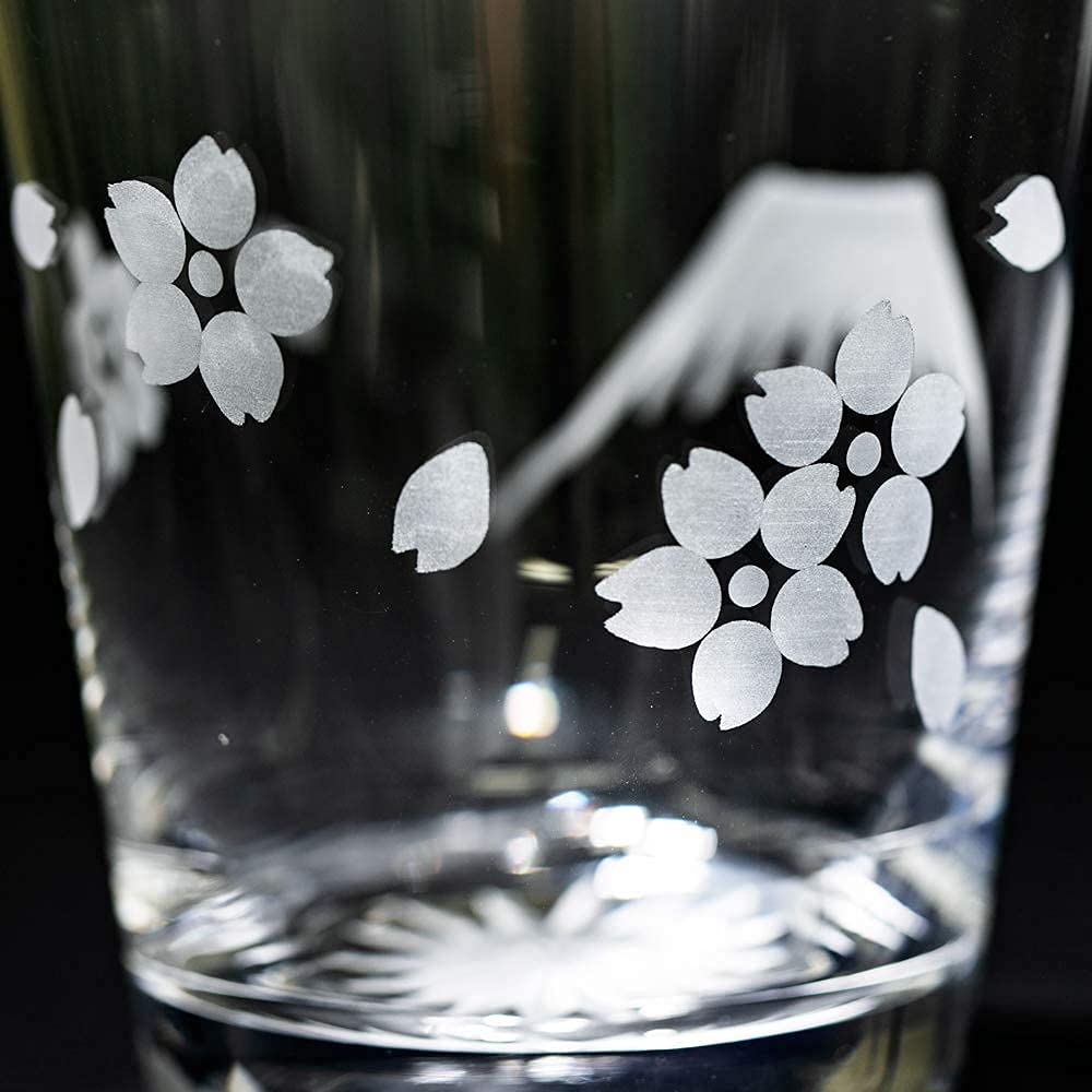 [Official Taiburo Studio] Edo Kiriko Mt. Fuji with Cranes and Cherry Blossoms, Old Glass Pair, TB0036-32/0036-33, Gift Boxed, Made In Japan