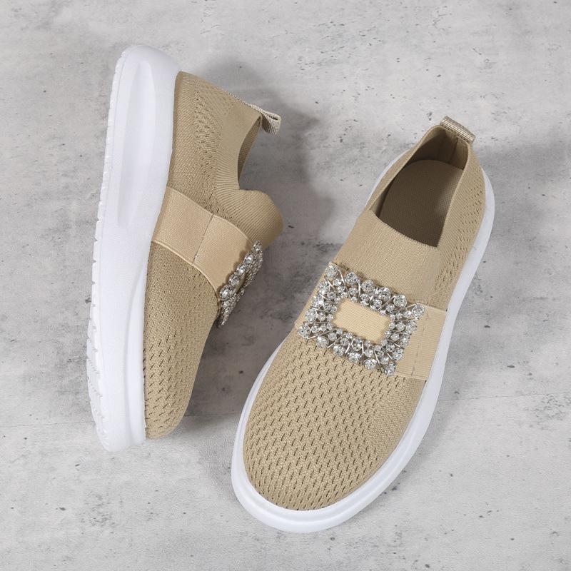 Женские одиночные туфли с сетчатой ​​поверхностью, повседневная женская обувь с неглубоким горлышком, круглой головкой и стразами, на толстой подошве на одну ногу