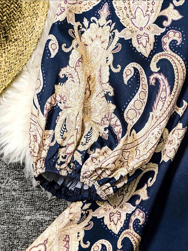 Весеннее французское ретро-платье с принтом, V-образным вырезом, рукавами-фонариками, затягивающейся на талии завязкой