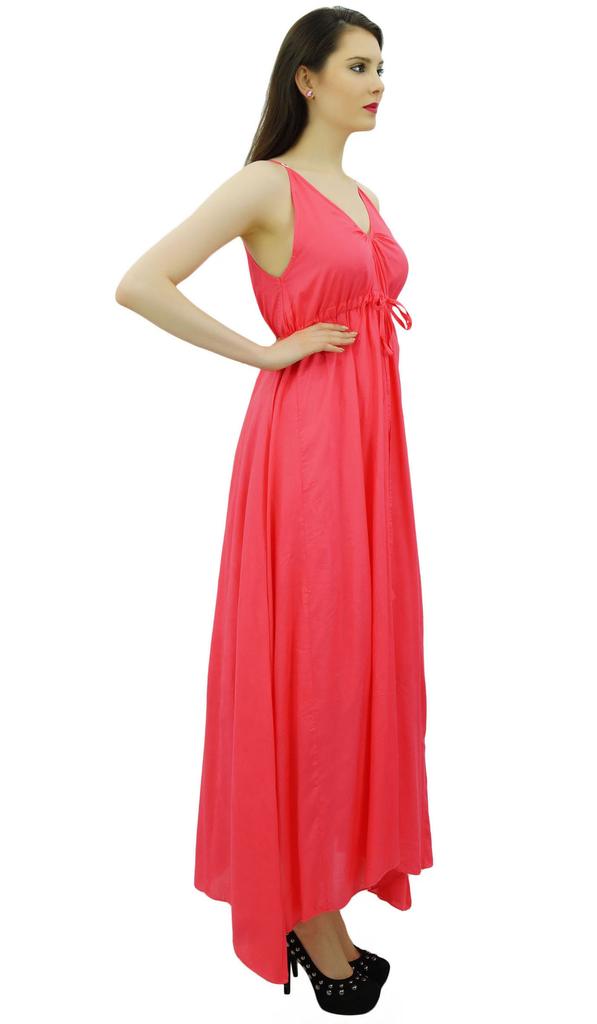 Bimba Women's Long Maxi Cotton Beach Dress Drawstring Waist Strappy Resort