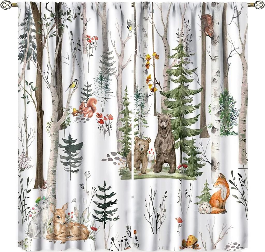 Country Forest Curtain Wild Animal Bear Deer fox Wolf Country Printed Curtain Semi-blackout Drape Bedroom Window Living Area Room Pair Of 2 Panels
