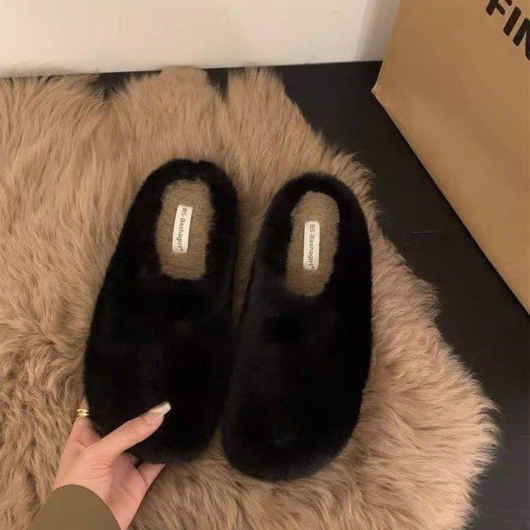 Baotou half slippers leopard print plush fluffy slippers women wear autumn and winter thick-soled cotton slippers daily leisure style