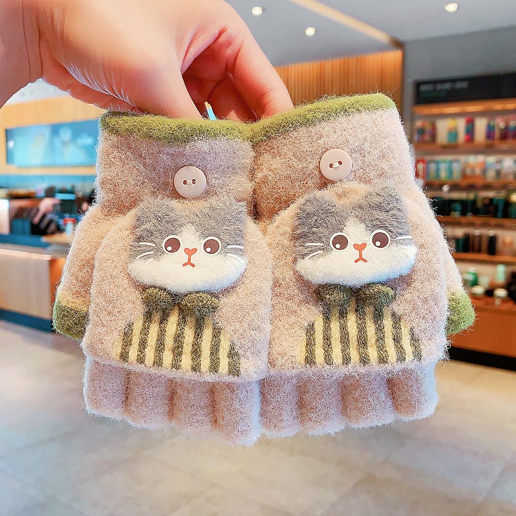 Korean Cute Kids Cartoon Cat Bow Flip Plush Mittens 6-12 Years Old Children Winter Warm Convertible Half Finger Writing Gloves 6