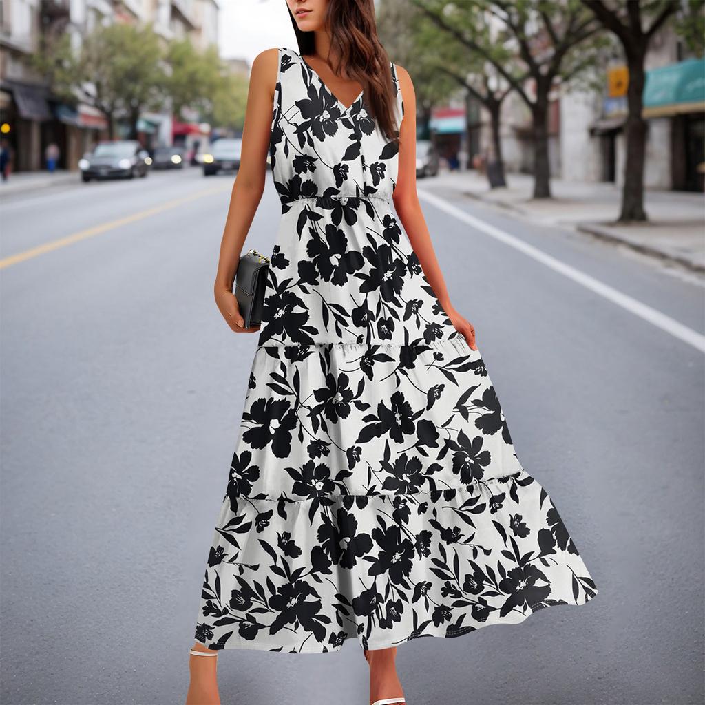 Женские струящиеся платья Женские летние платья Повседневные длинные платья без рукавов Милые длинные платья с цветочным принтом