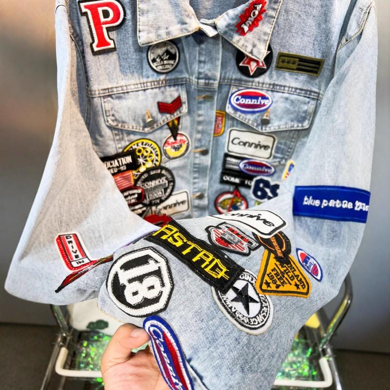 Женская оверсайз джинсовая куртка с вышитой нашивкой Streetwear Осень Свободный крой