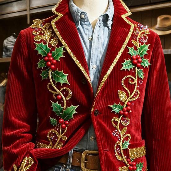 Пиджак Костюм Вельветовая Зимняя Куртка Приталенный Однобортный Пиджак Лацкан Длинный Рукав 3D Принт на Рождественскую Тематику Верхняя Одежда