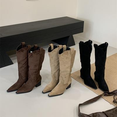 2025 новые осенне-зимние удобные замшевые ретро сапоги до колена с V-образным вырезом на плоской подошве женская обувь тонкие сапоги-трубы средней высоты сапоги-рыцари