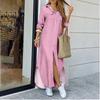 Women's Fashion Spring Fall Solid Color Print Long Sleeve POLO Neck Loose Waistline Casual Dresses