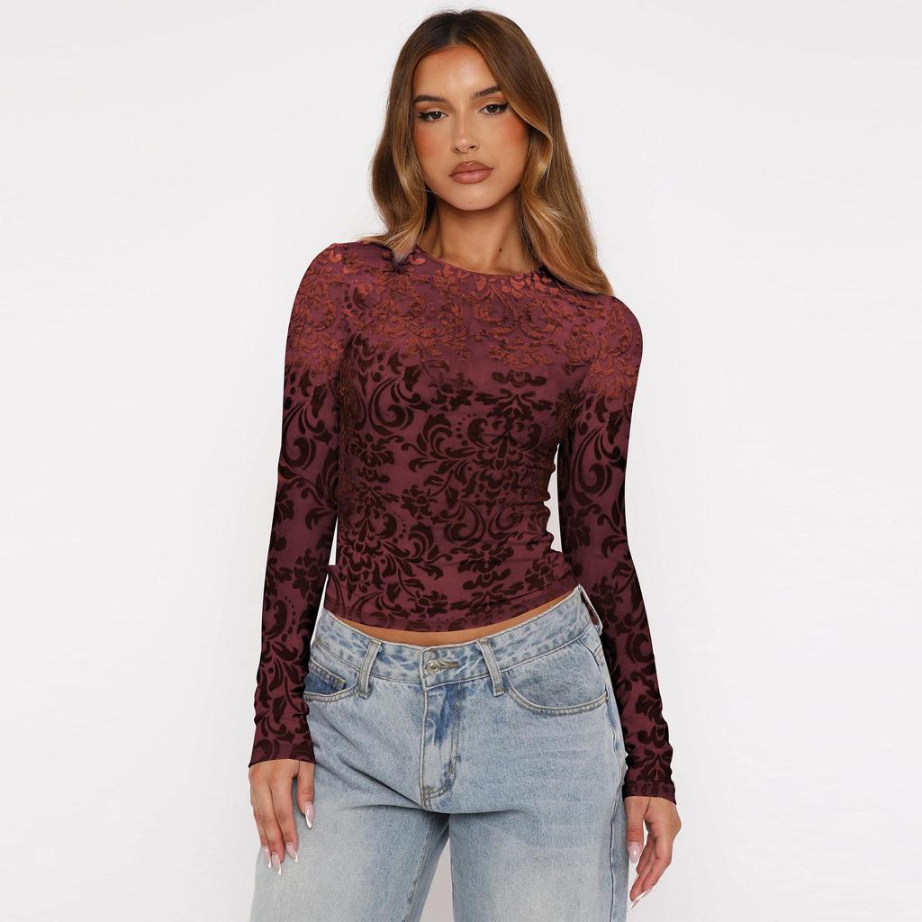 Long Sleeve Shirts for Women Round Neck Floral Tops Slim Fit Casual Fall Work Blouses Going Out Outfits