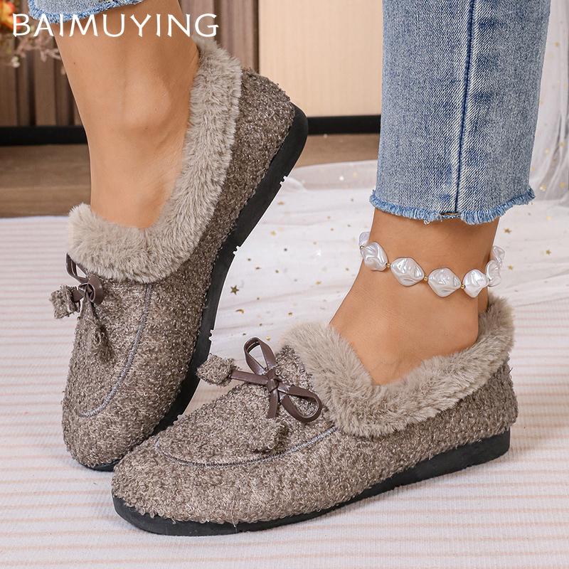 Туфли на плоской подошве женские мокасины с бантом из меха дизайнерская повседневная обувь короткие плюшевые хлопковые сапоги зимние новые брендовые теплые тренды 2024 года Zapatos Femme