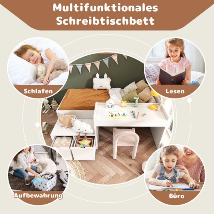 Односпальная кровать из массива дерева - MUVOE - 90 x 200 см - Белая - Встроенный письменный стол - Ящики для хранения