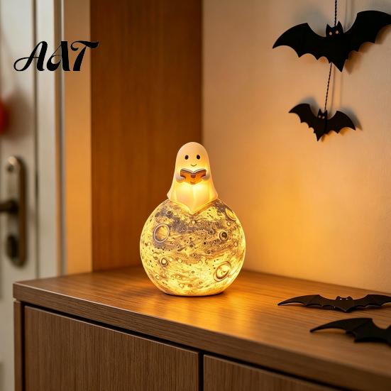 Fall Seasonal Decoration Cute Ghost Reading Book Ornament, Luminous Resin Figurine, Glowing Moon Night Light for Halloween Home Desktop Car Dashboard