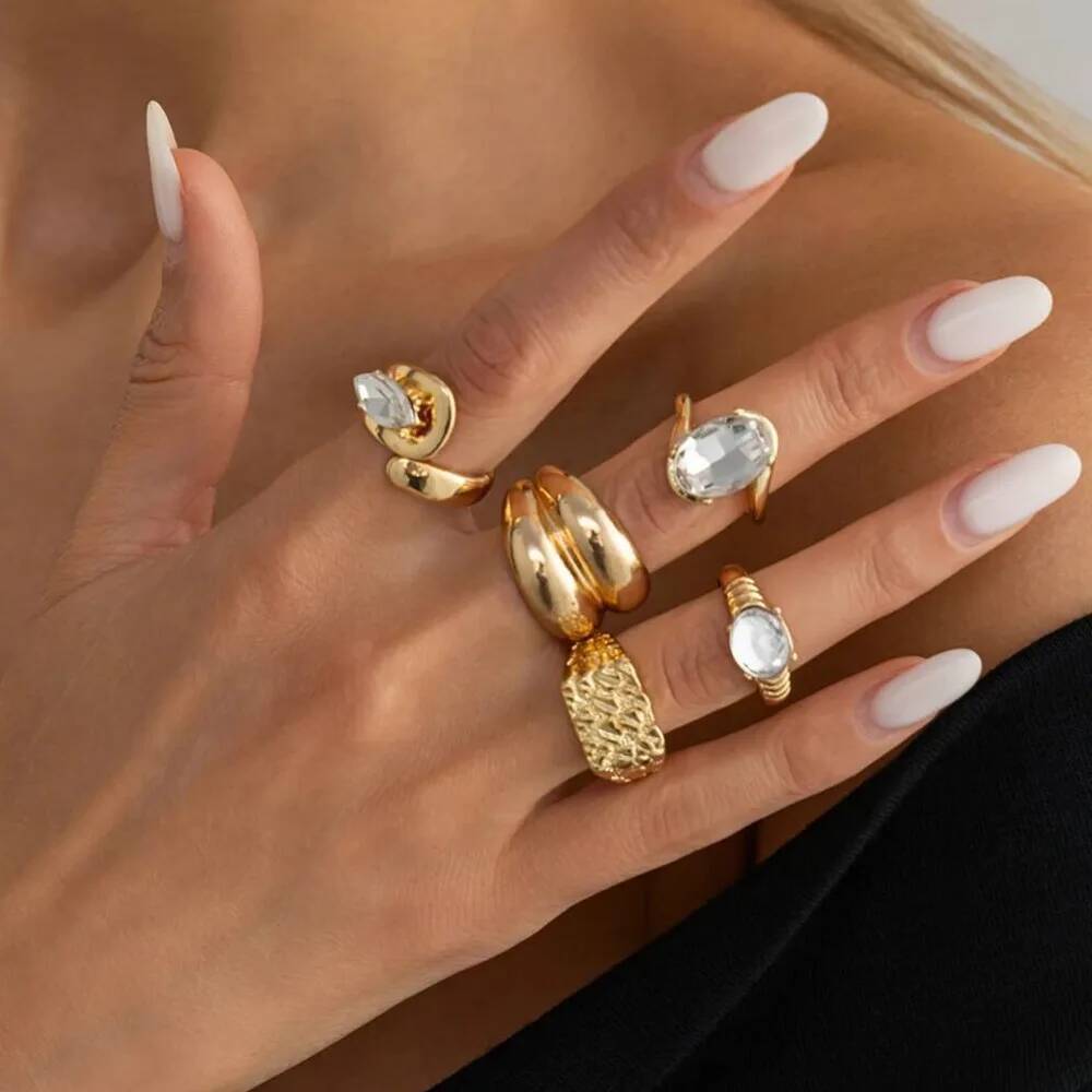 SHIXIN 5Pcs/Set Exquisite Acrylic Rhinestone Open Ring for Women Trendy Gold Color Metal Finger Ring Wedding Party Jewelry Gifts