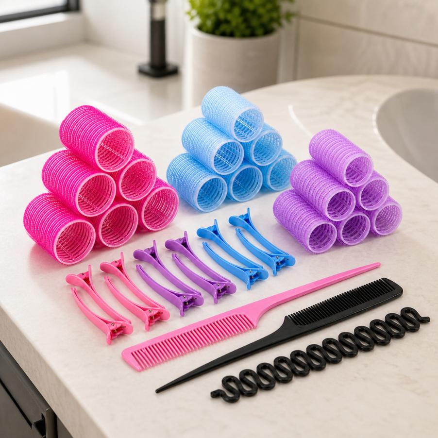 Hair Accessories Set: Rollers, Combs, Hair Clips, 32 Pieces
