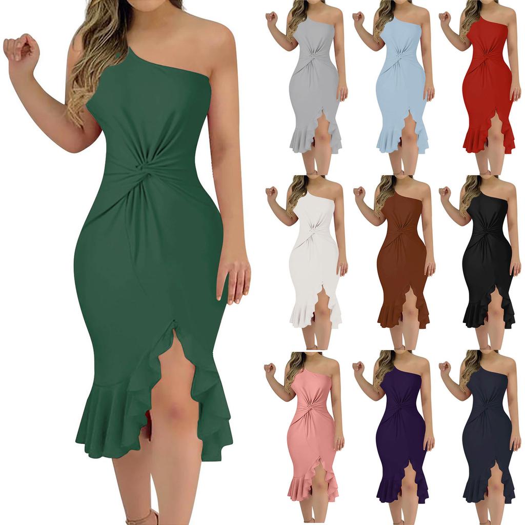 Women's Fashion Sexy One Shoulder Solid Color Ruffle Dress