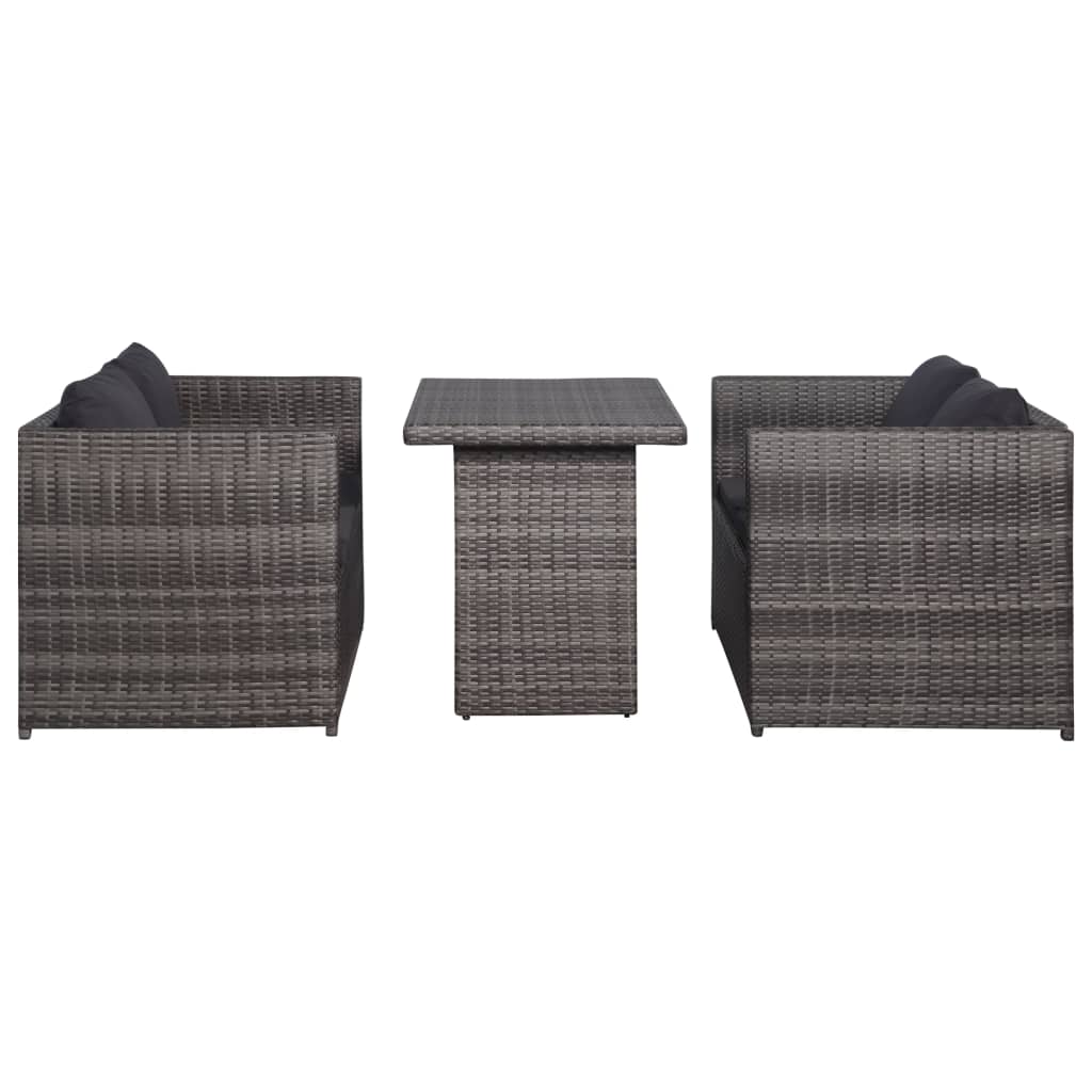 3 Piece Bistro Set with Cushions Poly Rattan Grey